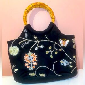 Cute Black purse w/bamboo handles.Nice floral pattern embroidered (#bundle&save)